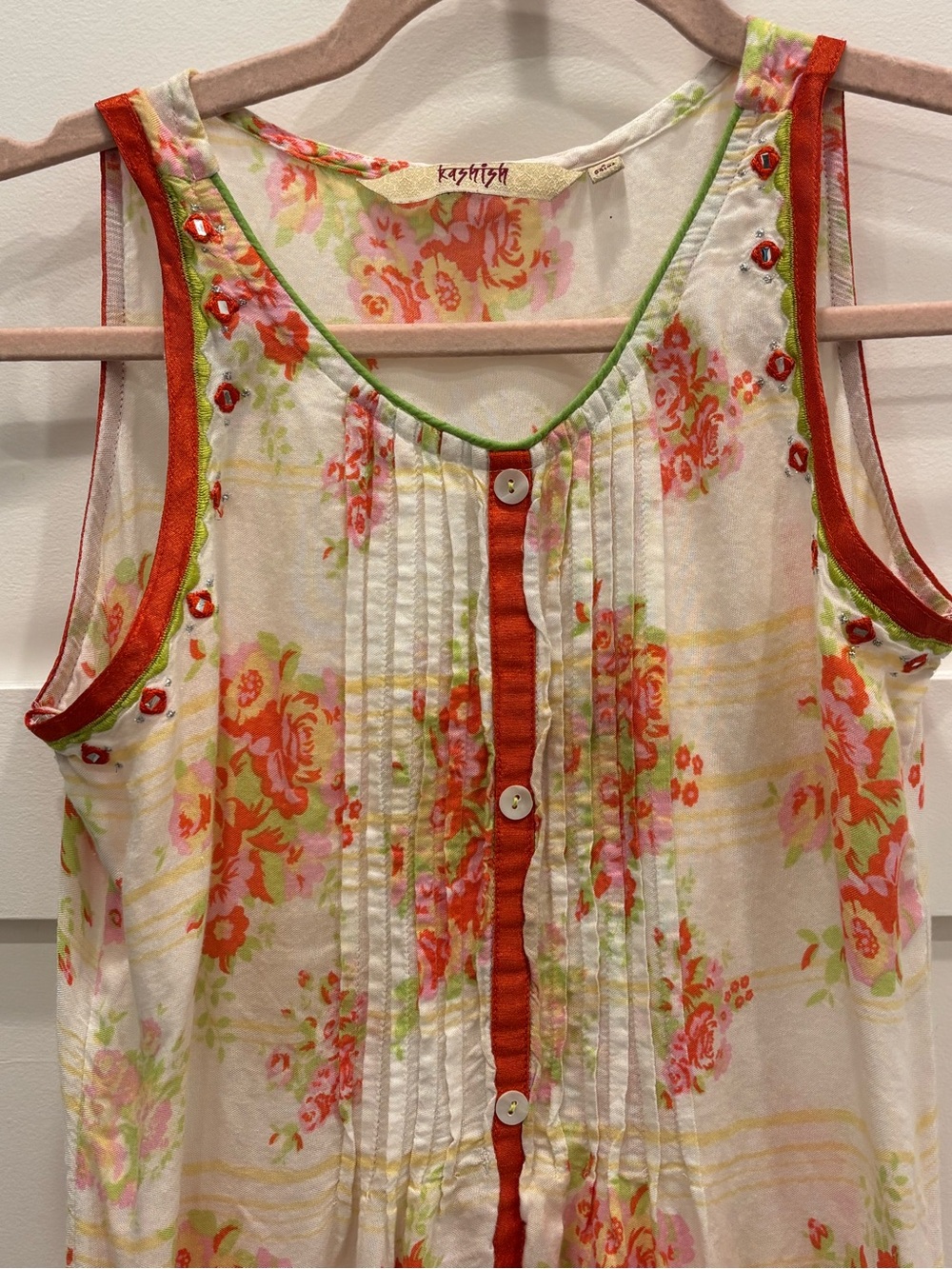 Sleeveless Floral Midi Dress in White with Pink and Green Trim - Picture 2 of 6